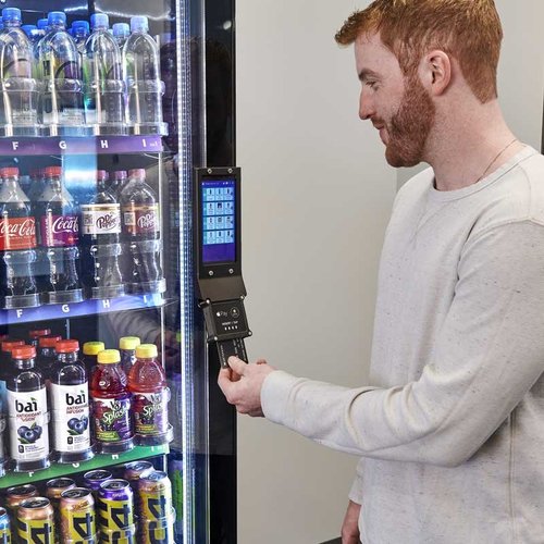 Smart Cooler showcasing various beverages and fresh food.
