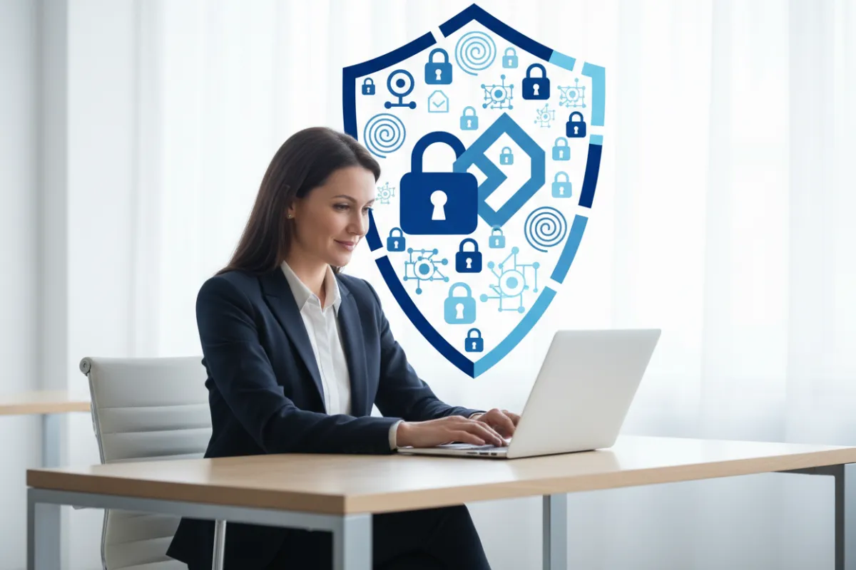 A confident woman in her 30s, sitting at a modern desk, reviewing her laptop with a calm expression. The background features abstract digital security icons in blue tones, symbolizing robust online protection. The scene is bright, professional, and reassuring.