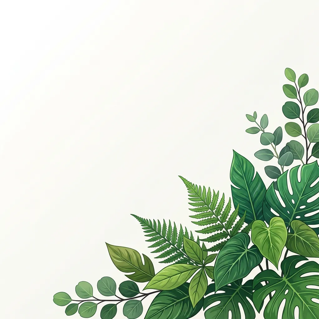 Decorative illustration of green leaves in the bottom right corner.