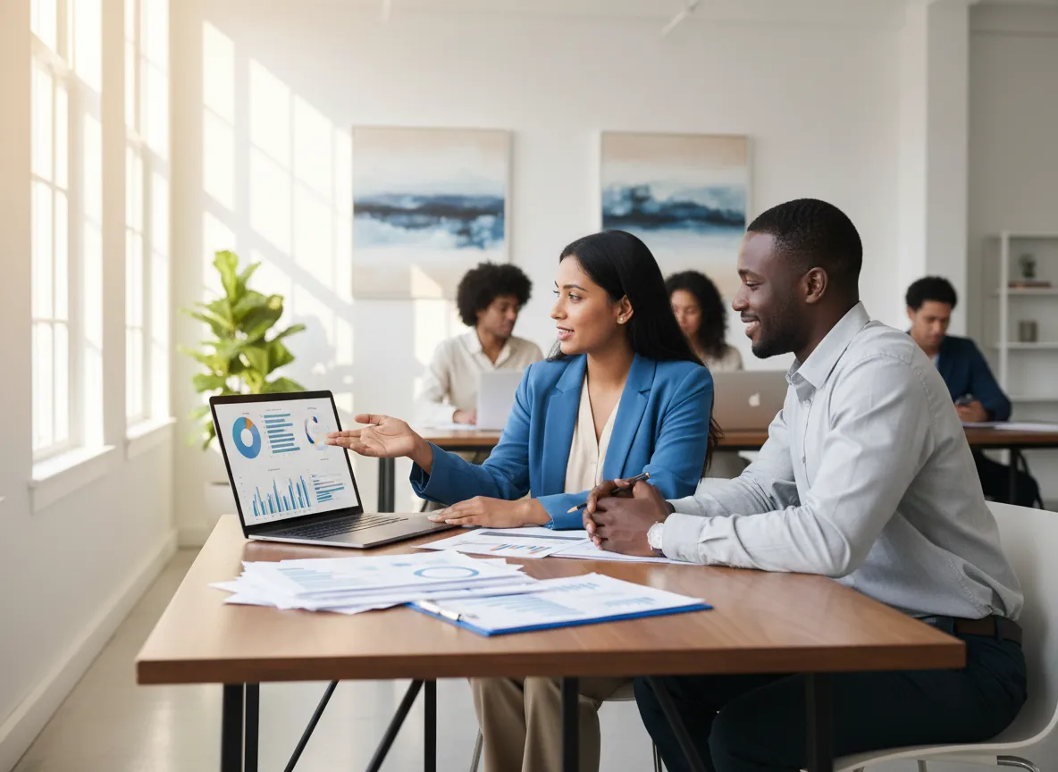 Consultant reviewing documents with a client in a professional office