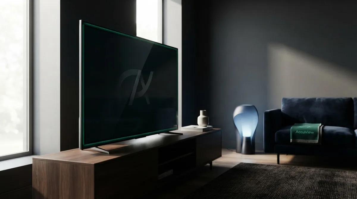 AccuView TV premium hardware display showcase in modern living room
