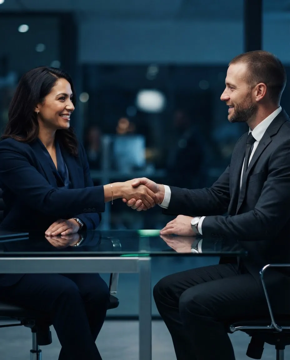 Professional partner reviewing commercial terms and contract documentation in a modern office