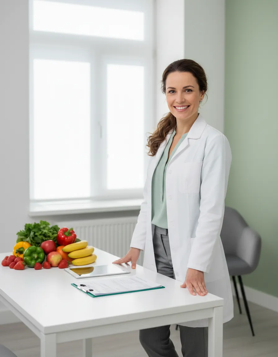 Especialista en nutrición y bienestar sonriendo en consulta