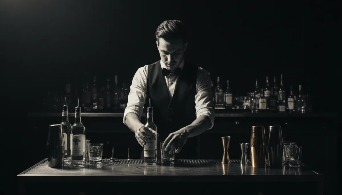 Fotografía en blanco y negro de un bartender preparando su propia barra móvil