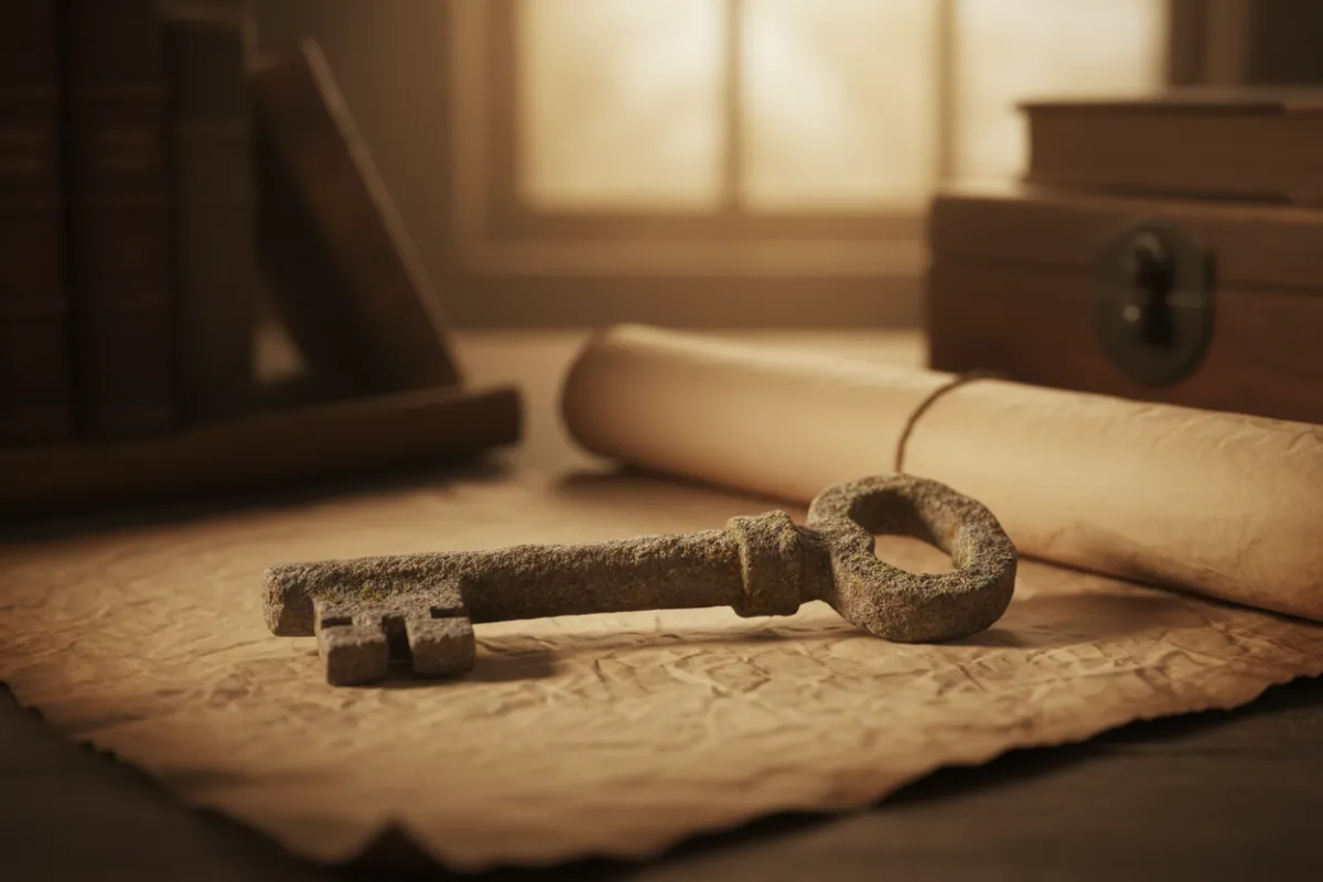 A solitary, weathered stone key resting on a parchment surface, bathed in warm, diffused light. The background is softly blurred, evoking a sense of history and quiet responsibility.
