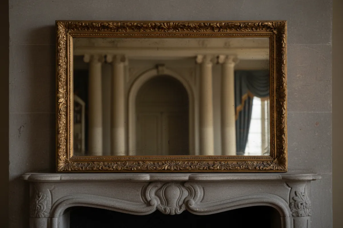 A polished, antique mirror with ornate gold trim stands on a stone mantel, reflecting soft, ambient light. The background is blurred, suggesting a grand, timeless interior without revealing any figures or details.