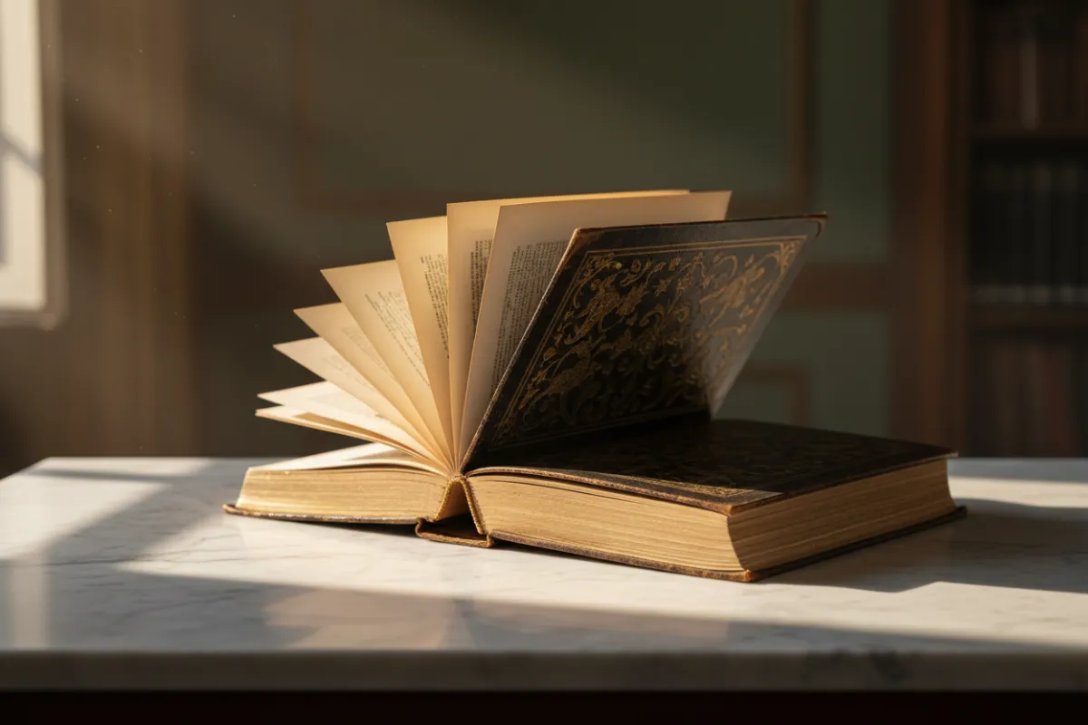 An open, antique book with gilded edges, its pages gently fanned, resting atop a marble table. Soft golden light highlights the intricate patterns on the cover, suggesting timeless knowledge and reverence.