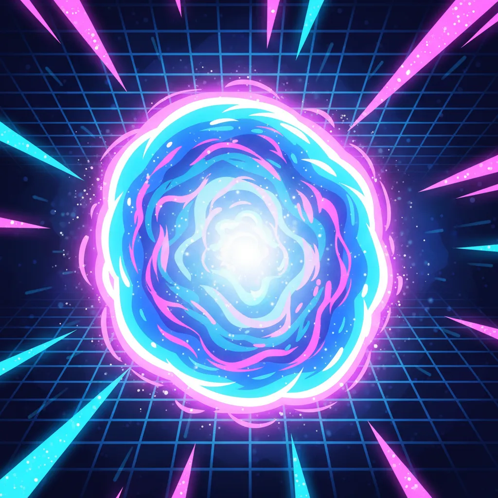 A swirling cartoon portal with neon edges, emitting sparkles, set against a digital grid background, in a vibrant comic style.