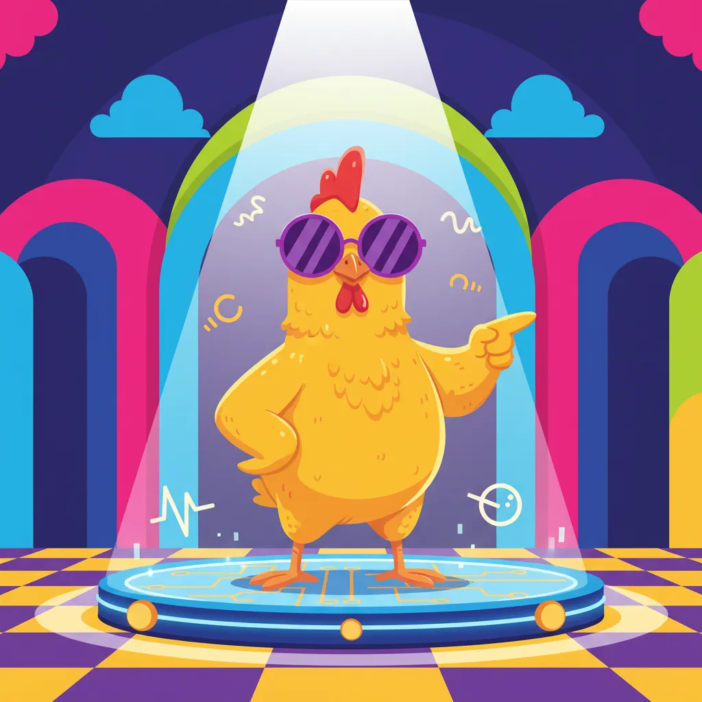 A cartoon rubber chicken with sunglasses, standing on a digital stage, spotlighted, in a humorous illustration style.