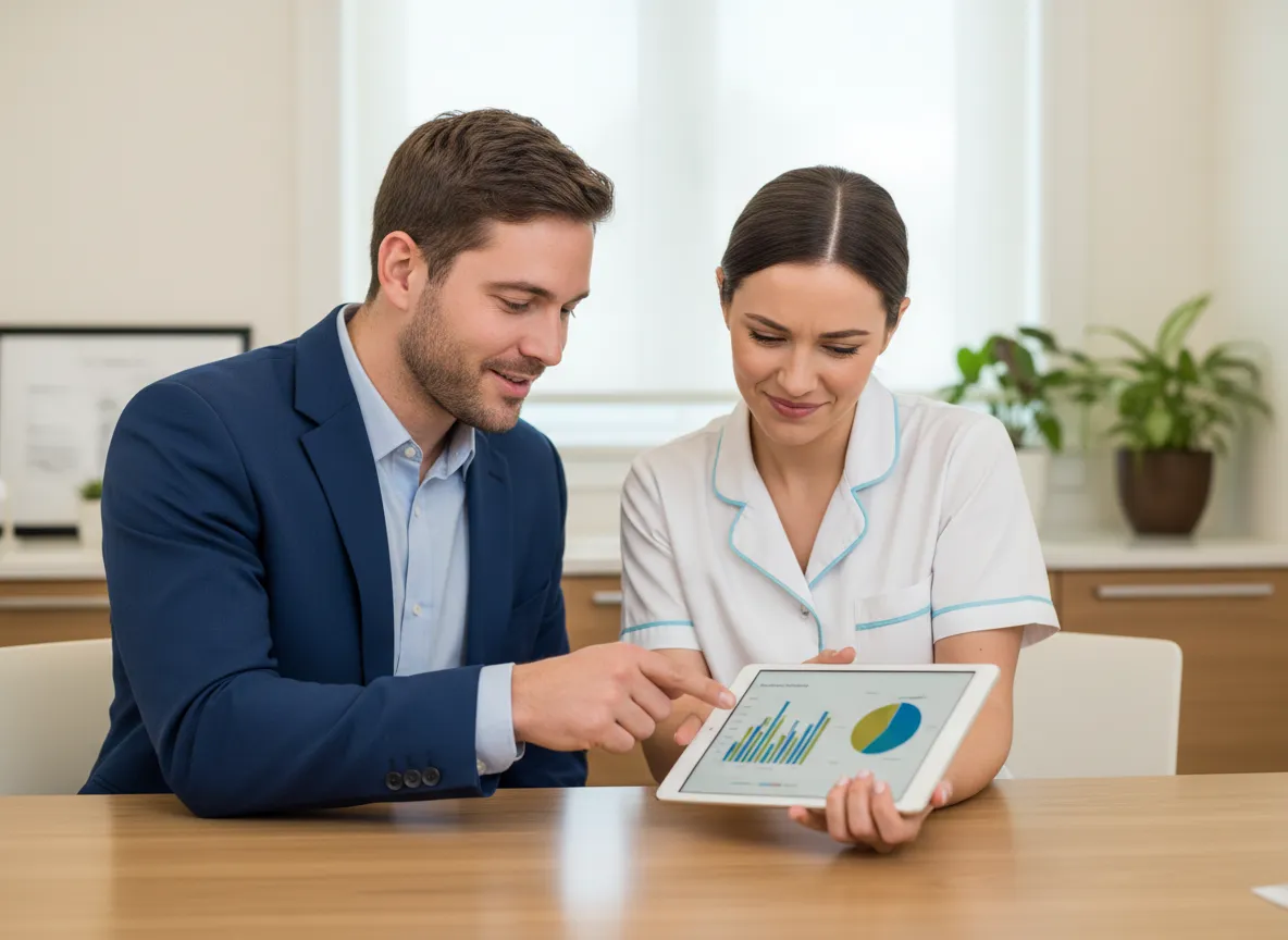 Placeholder image of a man and woman looking at a tablet