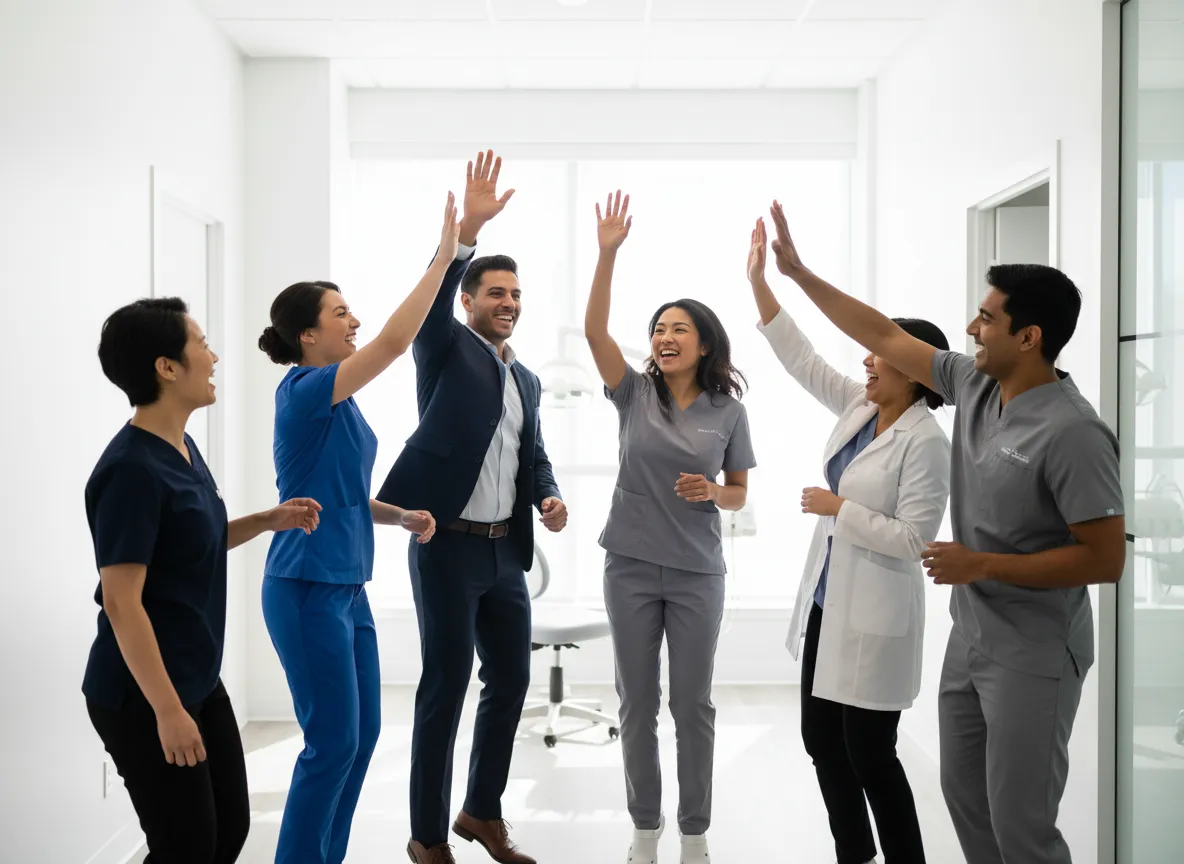 Placeholder image of a dental team high fiving