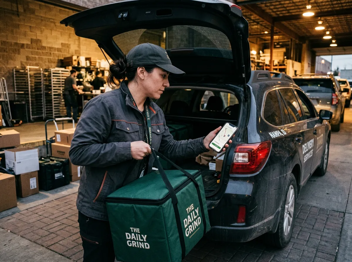 Local restaurant driver loading fresh packaged orders with a branded delivery tracker on mobile screen