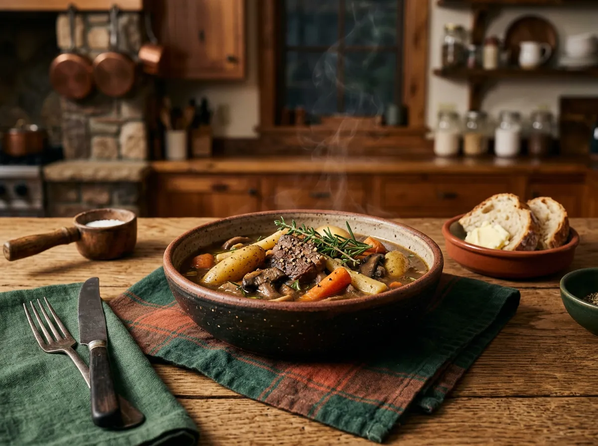 Professional culinary photography showing rustic plated entrees under warm studio lighting in an Idaho kitchen