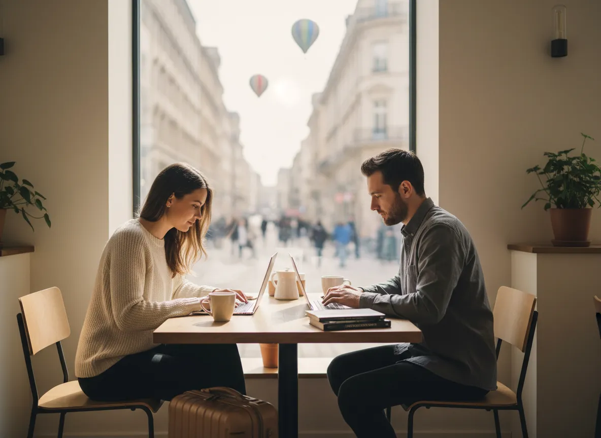 Couple travaillant depuis un endroit en voyage, avec leurs ordinateurs portables