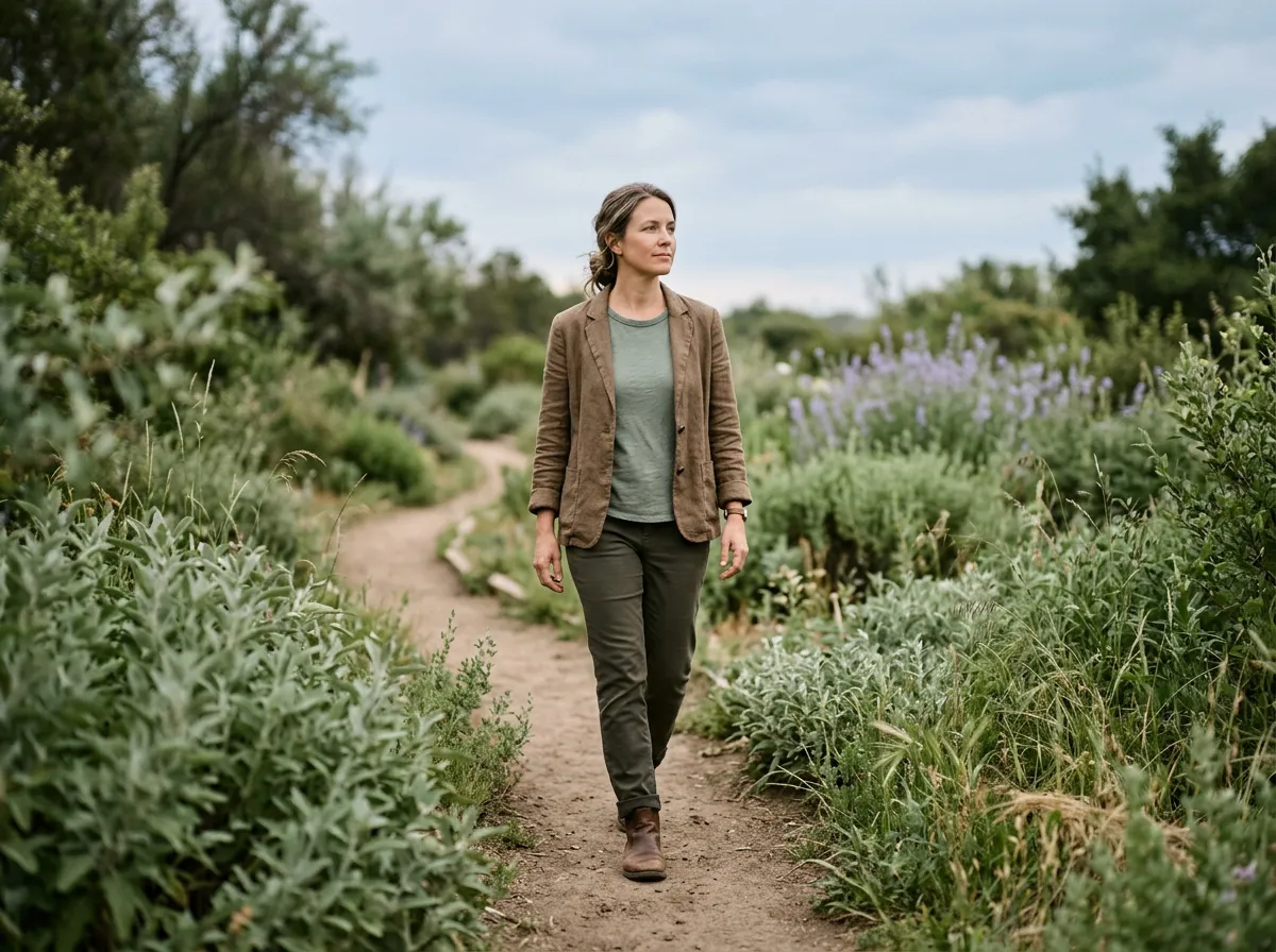 Adult walking outdoors in soft natural light near a garden, calm and grounded—representing balance and whole-person wellness.