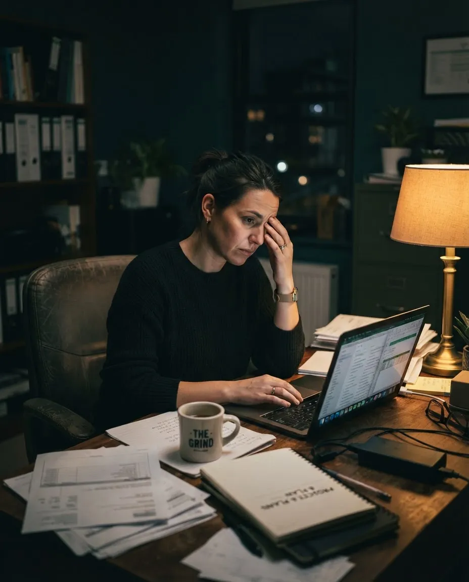 Exhausted business owner reviewing stagnant revenue metrics late at night