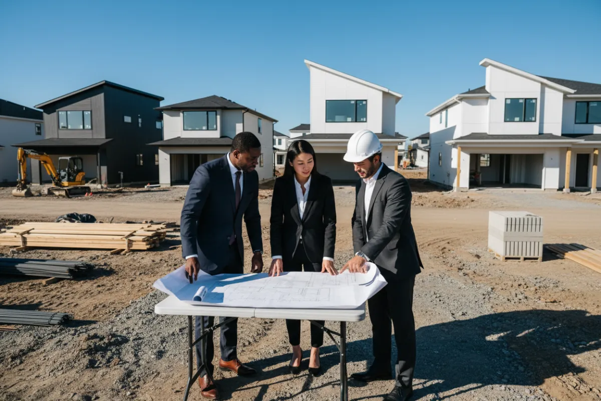Aerial view of a diverse couple reviewing blueprints with a local Realtor at a new construction site, modern homes in background, clear sky, professional attire, 3:2 aspect ratio