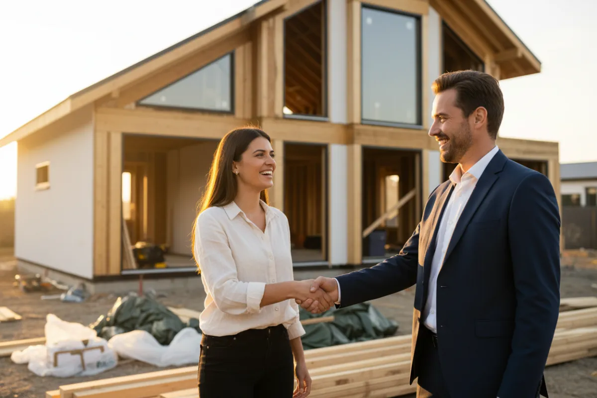 A single professional Realtor shaking hands with a homebuyer in front of a partially built modern house, both smiling, construction materials visible, 3:2 aspect ratio
