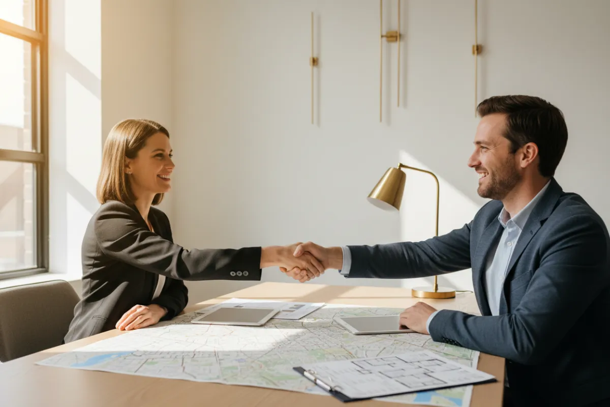 A professional Realtor shaking hands with a homebuyer in a sunlit office, with city maps and property listings on the table. The setting is modern, with soft off-white walls and gold accent decor, conveying trust and expertise.
