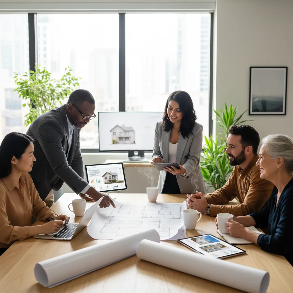 A diverse team of real estate professionals collaborating at a table with blueprints, digital tablets, and coffee mugs. The group includes men and women of various ages and backgrounds, all focused on supporting a homebuyer’s journey in a bright, modern office.