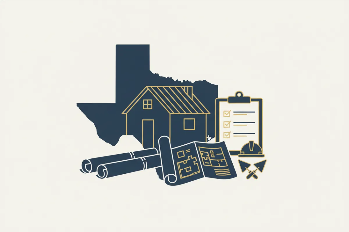 A flat-style illustration of a Texas map with a highlighted new home under construction, blueprints, and a checklist.