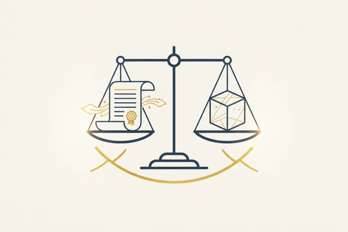 Line art illustration of a balanced scale and a legal document, with gold highlights and deep slate blue lines, representing compliance and transparency.