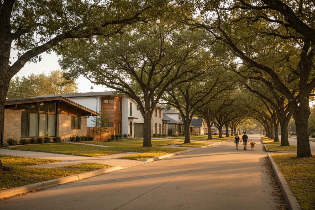 Tree-lined residential street in a Fort Worth neighborhood