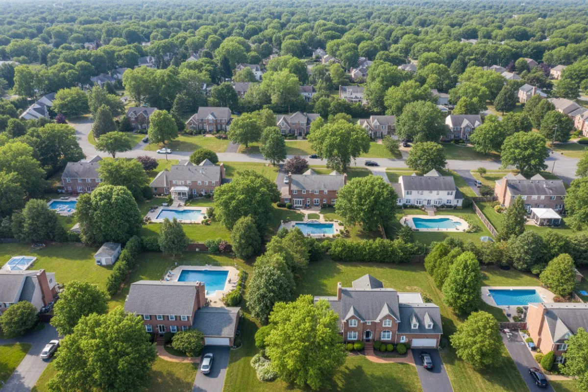 Aerial neighborhood vista in suburban Arlington