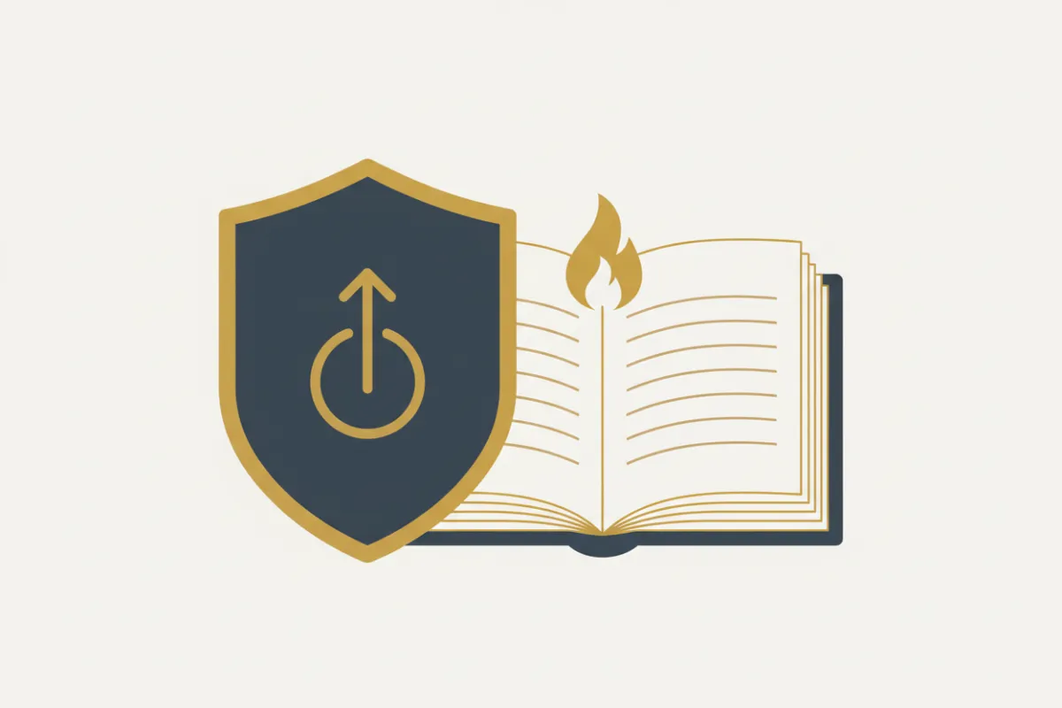 Modern flat illustration of a shield and open book, symbolizing protection and education, with gold and blue accents on a neutral background.