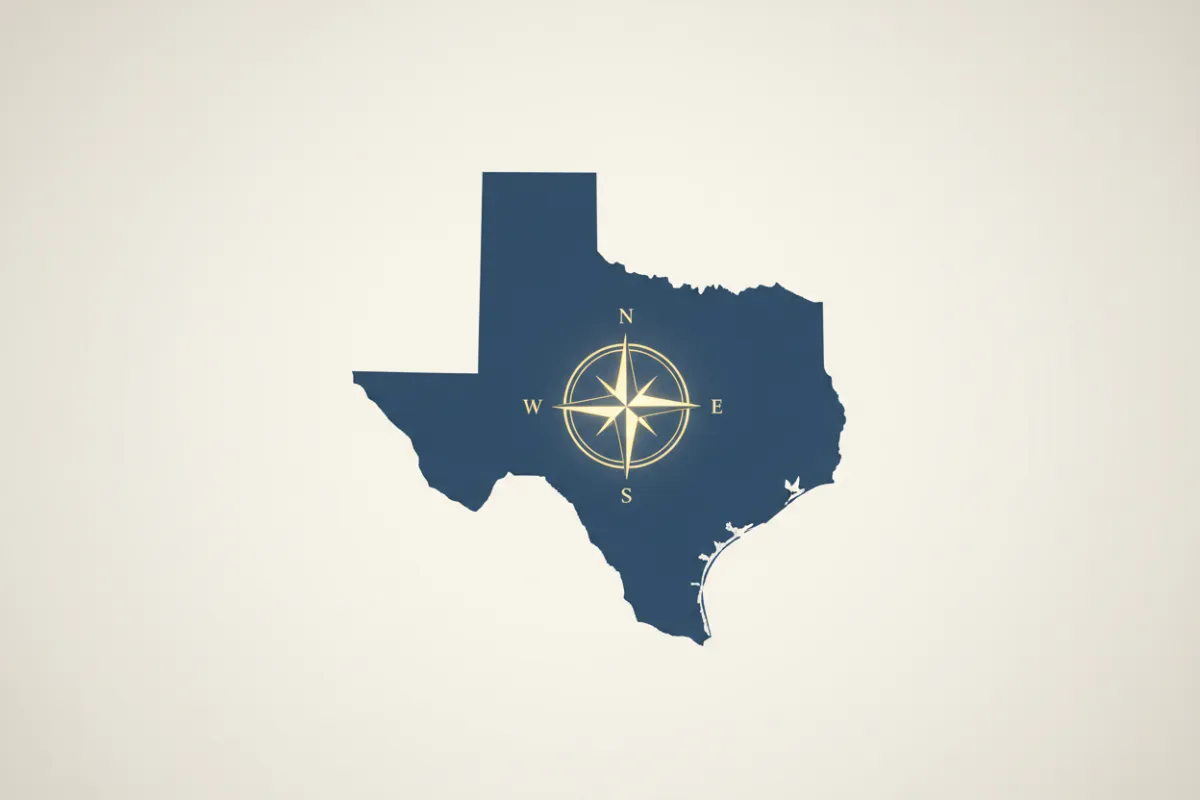 A clean, flat illustration of a Texas map outline with a subtle gold compass overlay