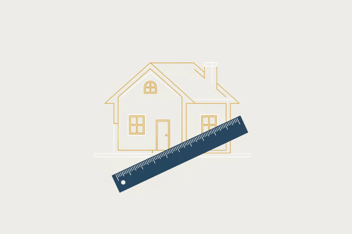 Abstract illustration of a blueprint and home outline, symbolizing real estate planning and guidance, with gold accent lines and a neutral background.
