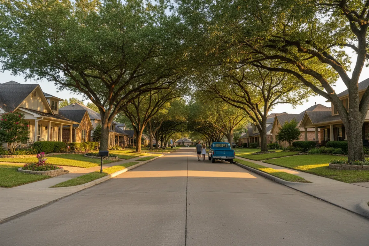 Bright suburban street in Fort Worth at golden hour