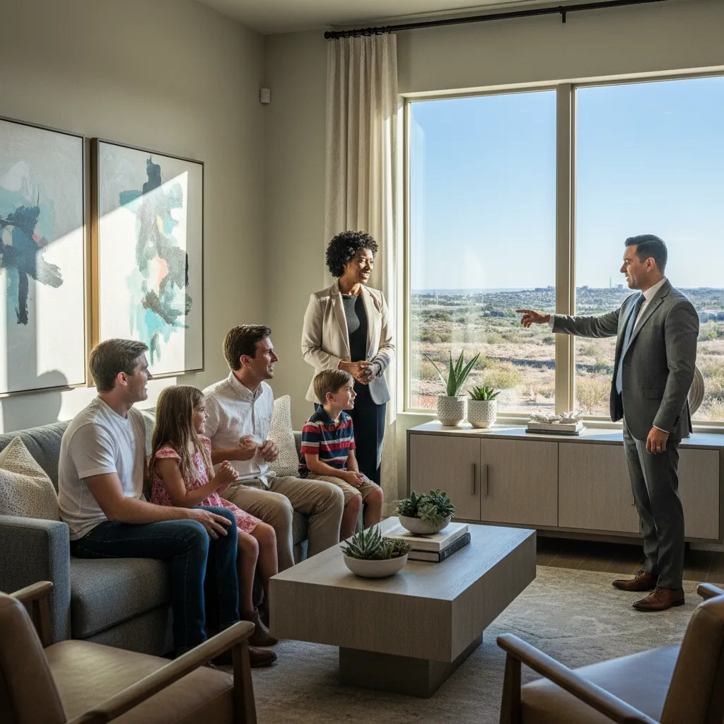 A candid photo of a young family and a single professional, both smiling and talking with a real estate advisor in a model home. The background shows modern furnishings and Texas landscape through the window. The image conveys inclusivity and the advisory’s focus on diverse buyer needs.