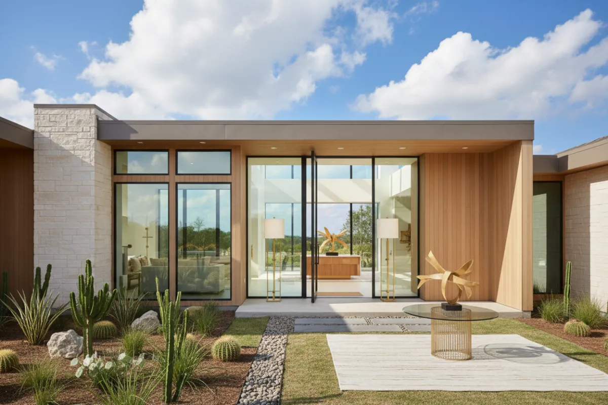 A modern new construction home with clean lines, large windows, and a landscaped front yard under a bright Texas sky. The home is staged with a welcoming entryway and subtle gold accents, evoking a sense of opportunity and guidance.