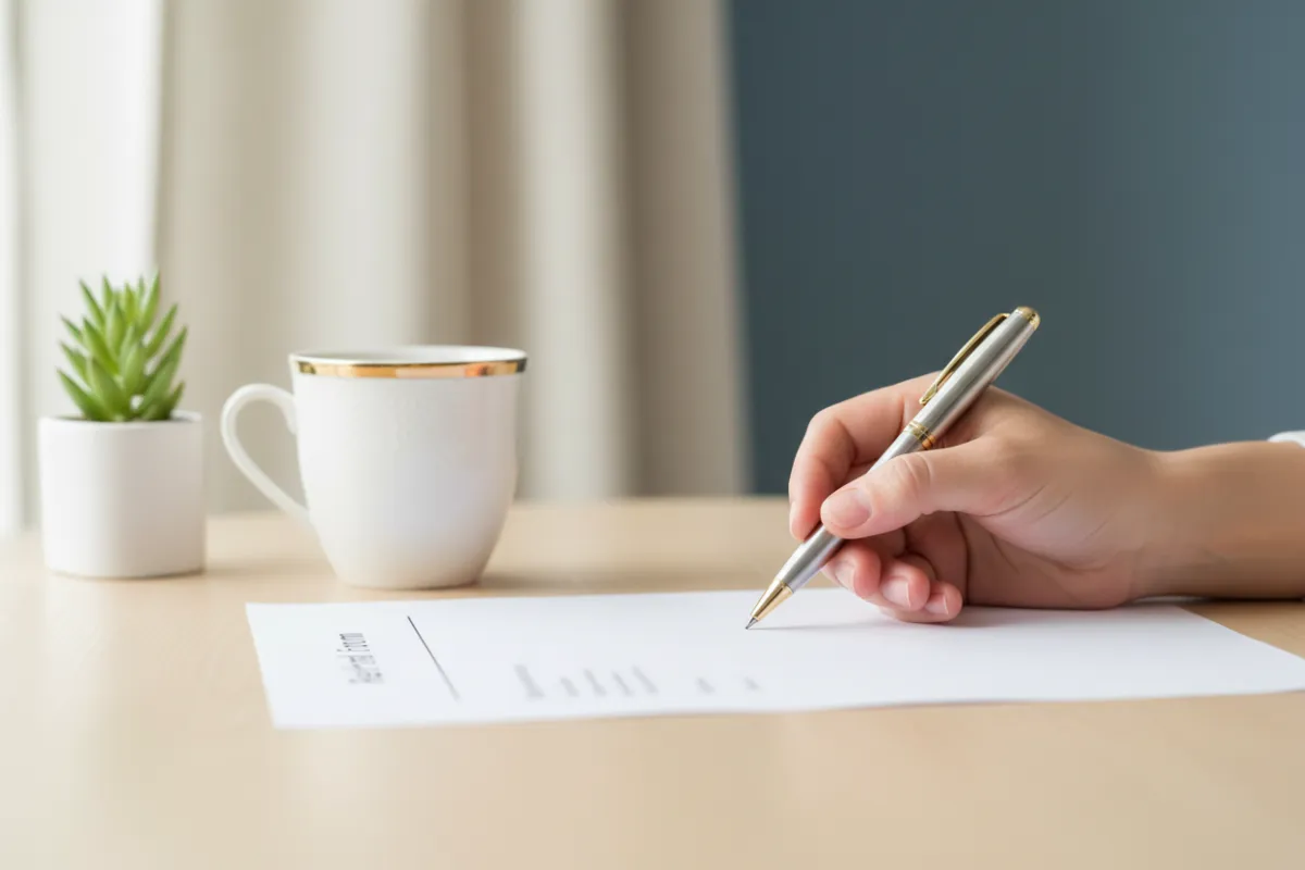 A close-up of a hand holding a pen above a referral form on a tidy desk, with a gold-accented coffee mug and a small potted plant nearby. The background is softly blurred, with off-white and slate blue tones, suggesting a calm, organized process.