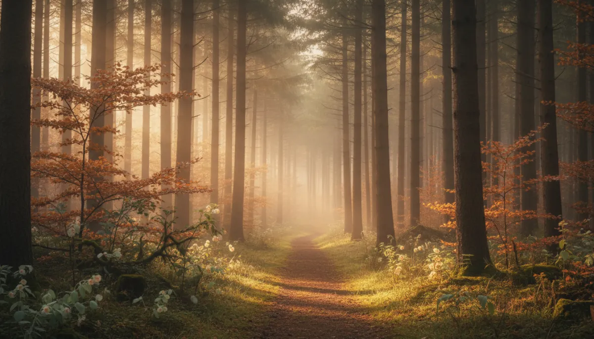 Soft morning light over a tranquil forest, symbolizing spiritual healing and new beginnings.