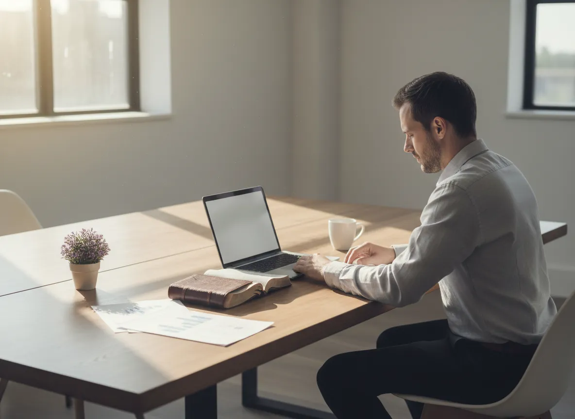 Entrepreneur planning with Bible and notebook