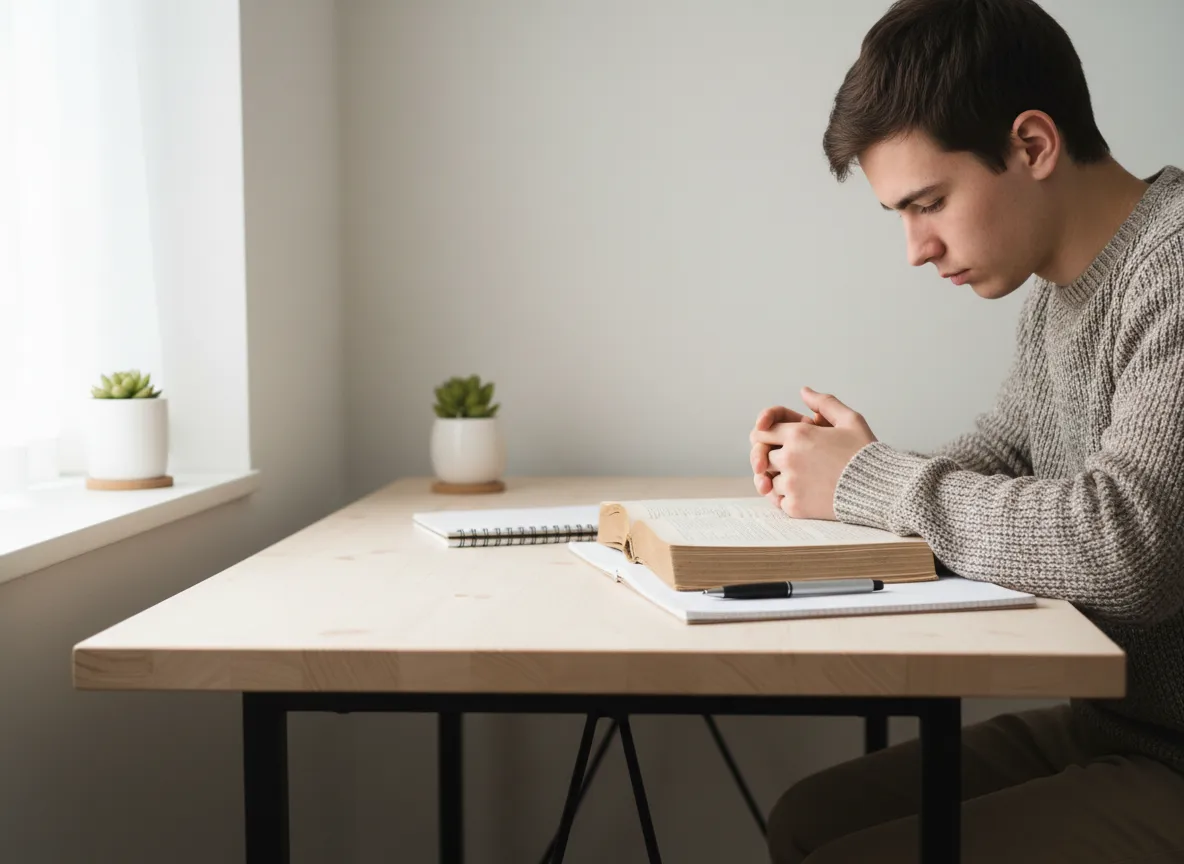 Student reading at a desk with notebook