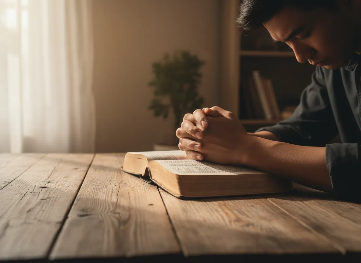 Person praying and reflecting with open Bible