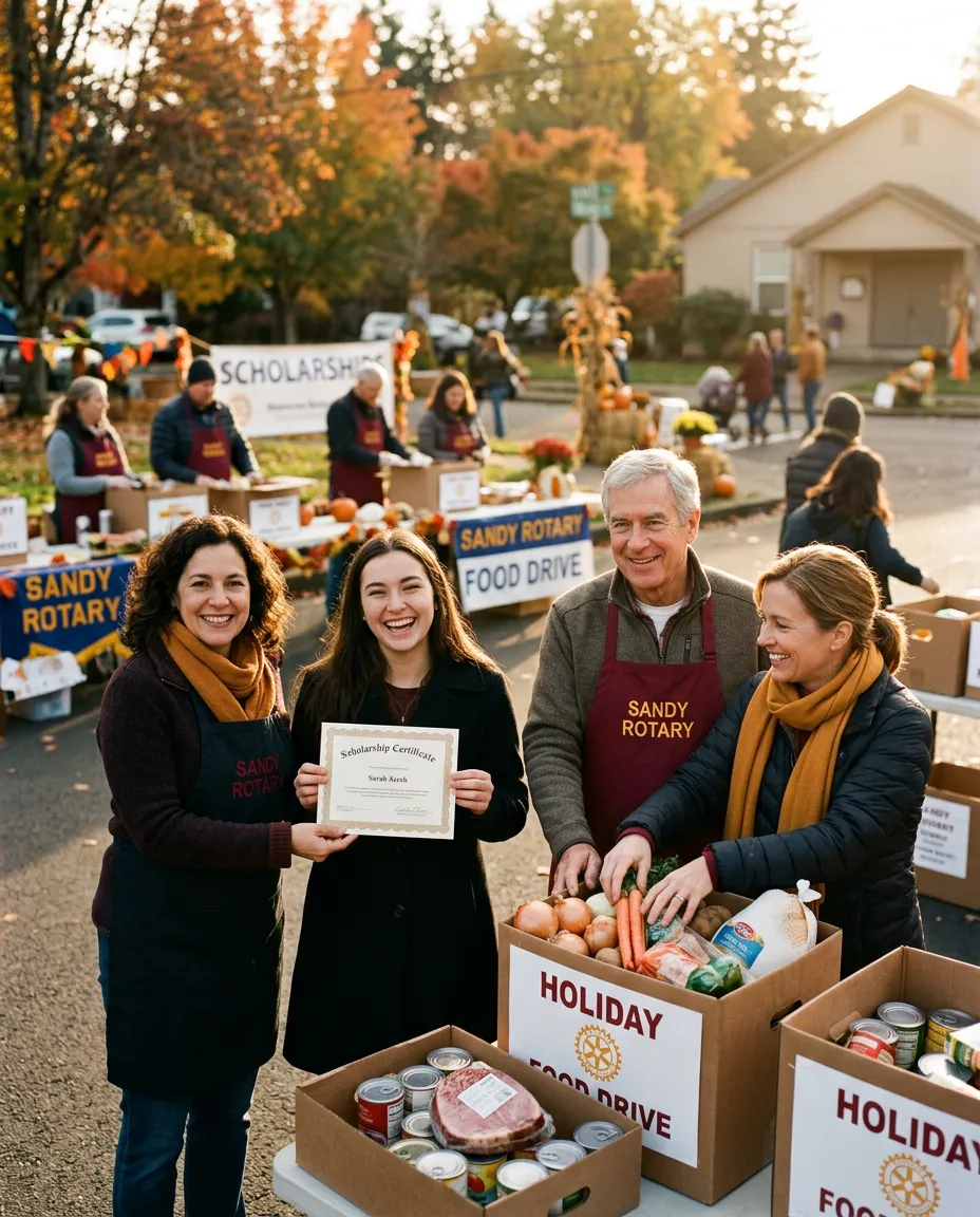 Sandy Rotary club members presenting scholarship awards to local students and stocking holiday food baskets