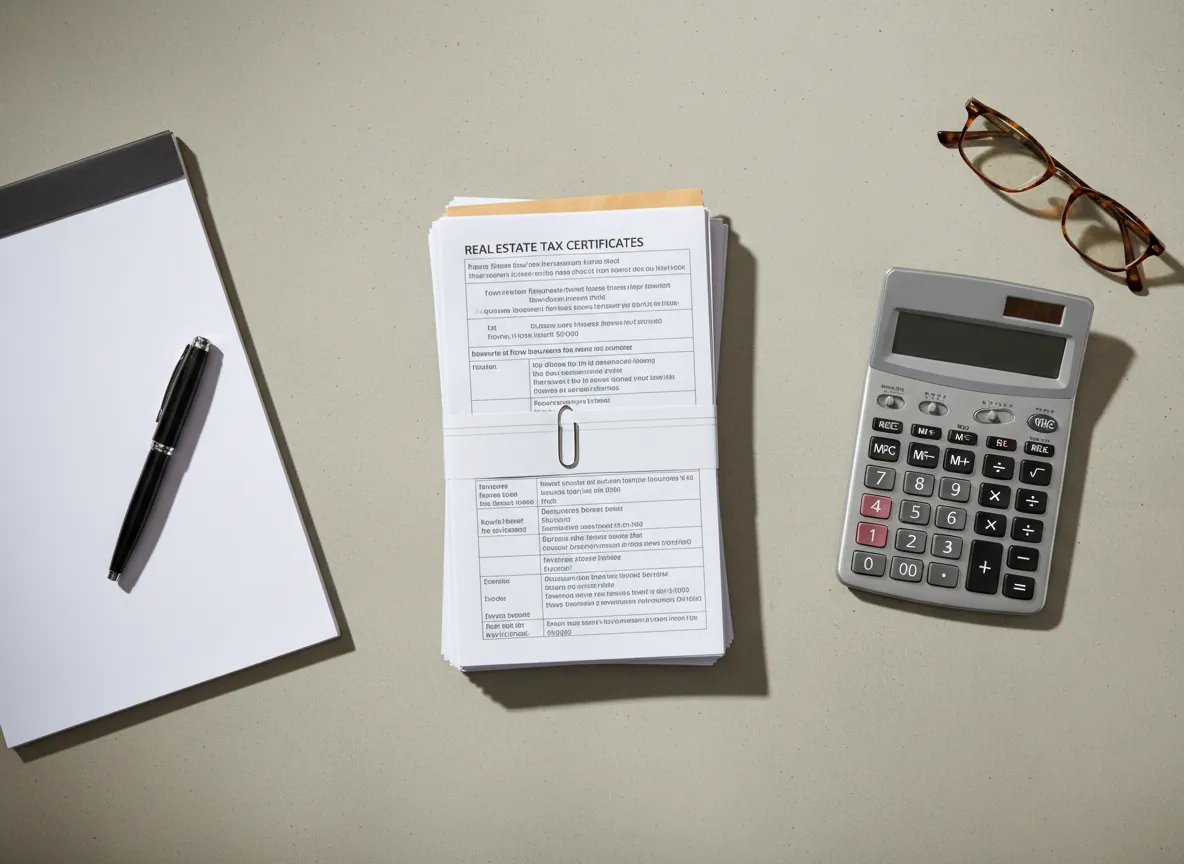 Property tax documents and calculator on a desk