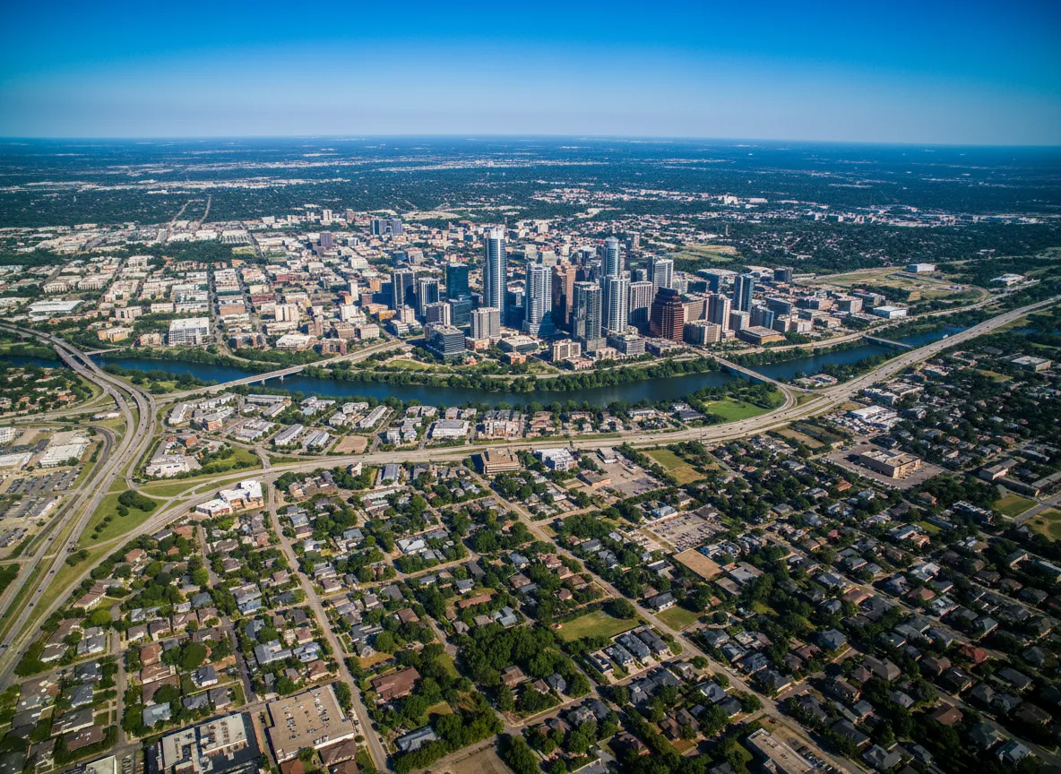 Map-inspired aerial view of Austin Texas