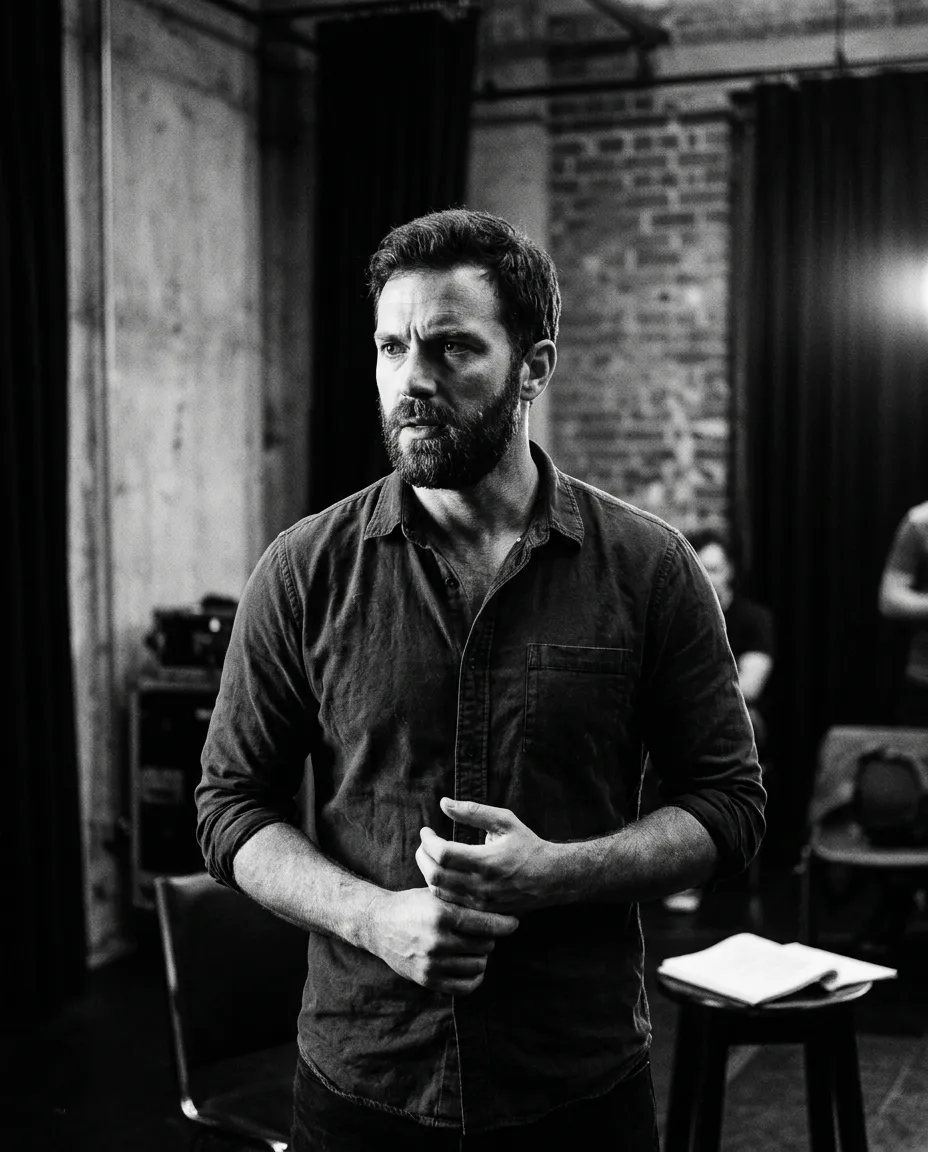 Intense black and white portrait of a dramatic actor rehearsing a breakthrough audition scene under directional studio light