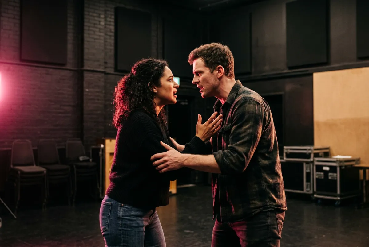 Two actors engaged in intense dramatic scene study rehearsal under studio spotlight