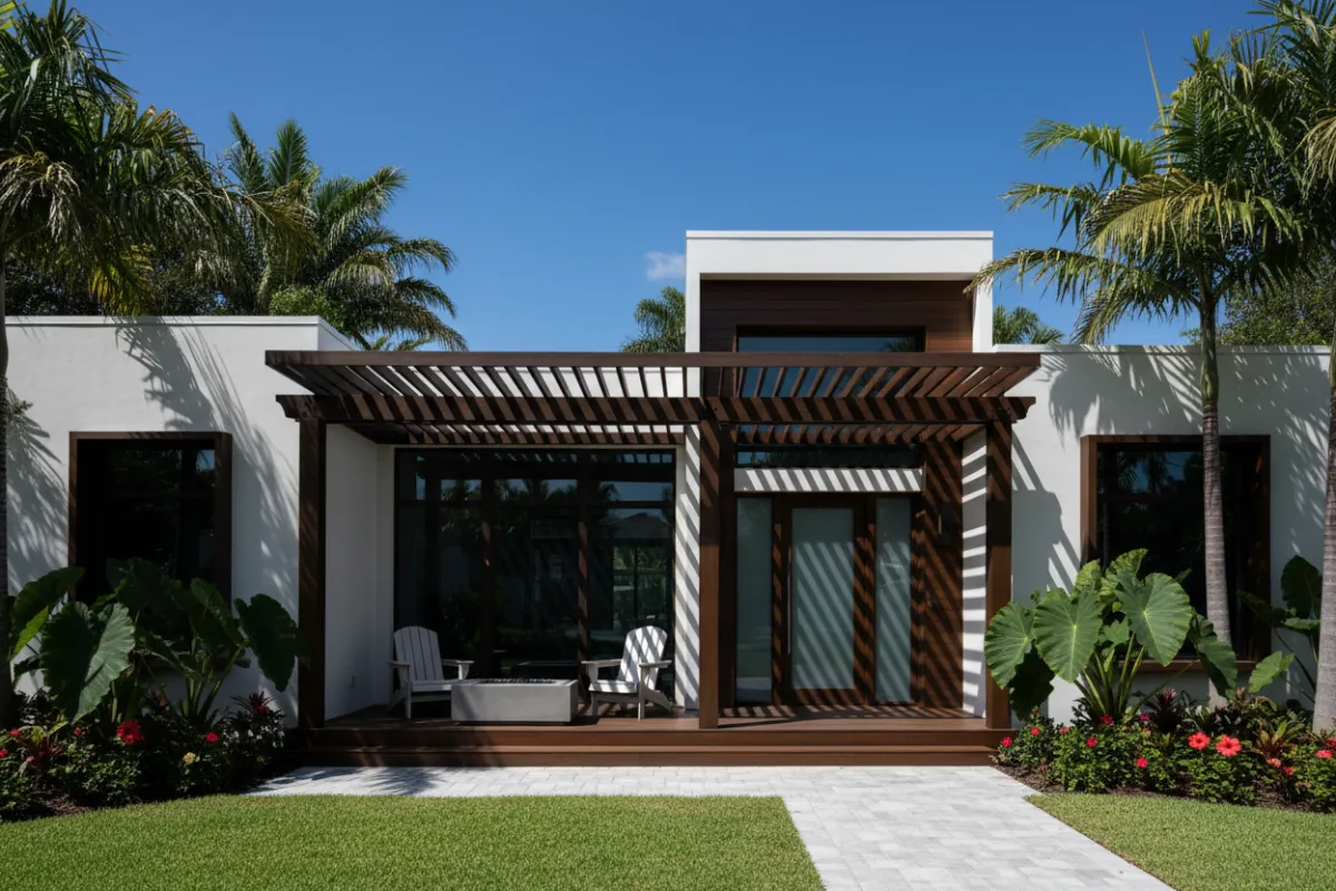 A modern Tampa home with lush landscaping, bright sunlight, and a welcoming front porch, photographed in a contemporary, high-contrast style. The image conveys a sense of comfort and value, appealing to local homeowners.