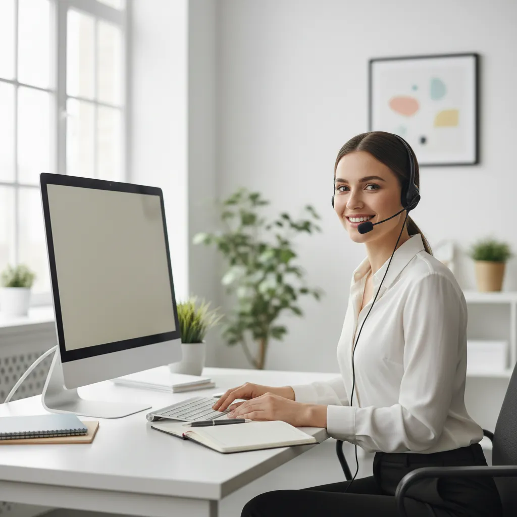 A friendly support agent with a headset, smiling and seated at a desk with a computer and notepad, in a clean, well-lit workspace. The agent appears approachable and attentive, ready to assist homeowners with their questions.