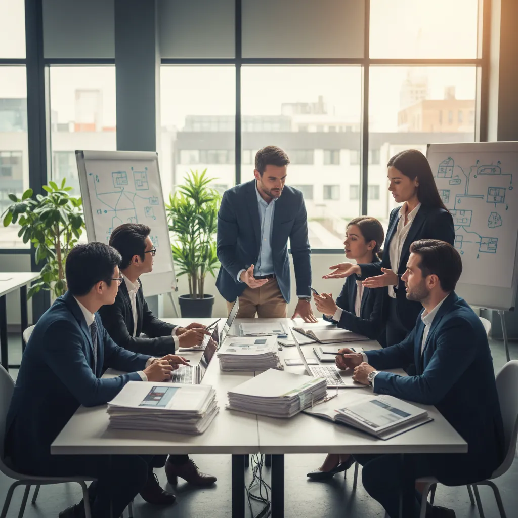 A diverse team of real estate professionals in a bright office, reviewing property files and discussing next steps, with visible paperwork and digital devices. The setting is modern, collaborative, and energetic, reflecting a fast-paced, client-focused process.