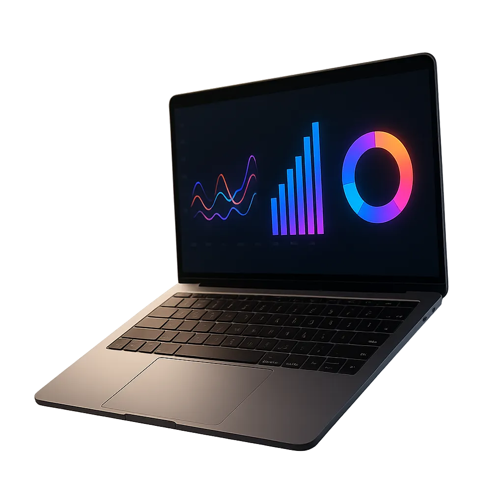 Floating modern laptop with marketing data charts