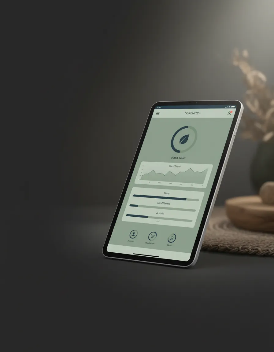 Serenity+ recovery web app interface reflecting a calm, secure digital sanctuary
