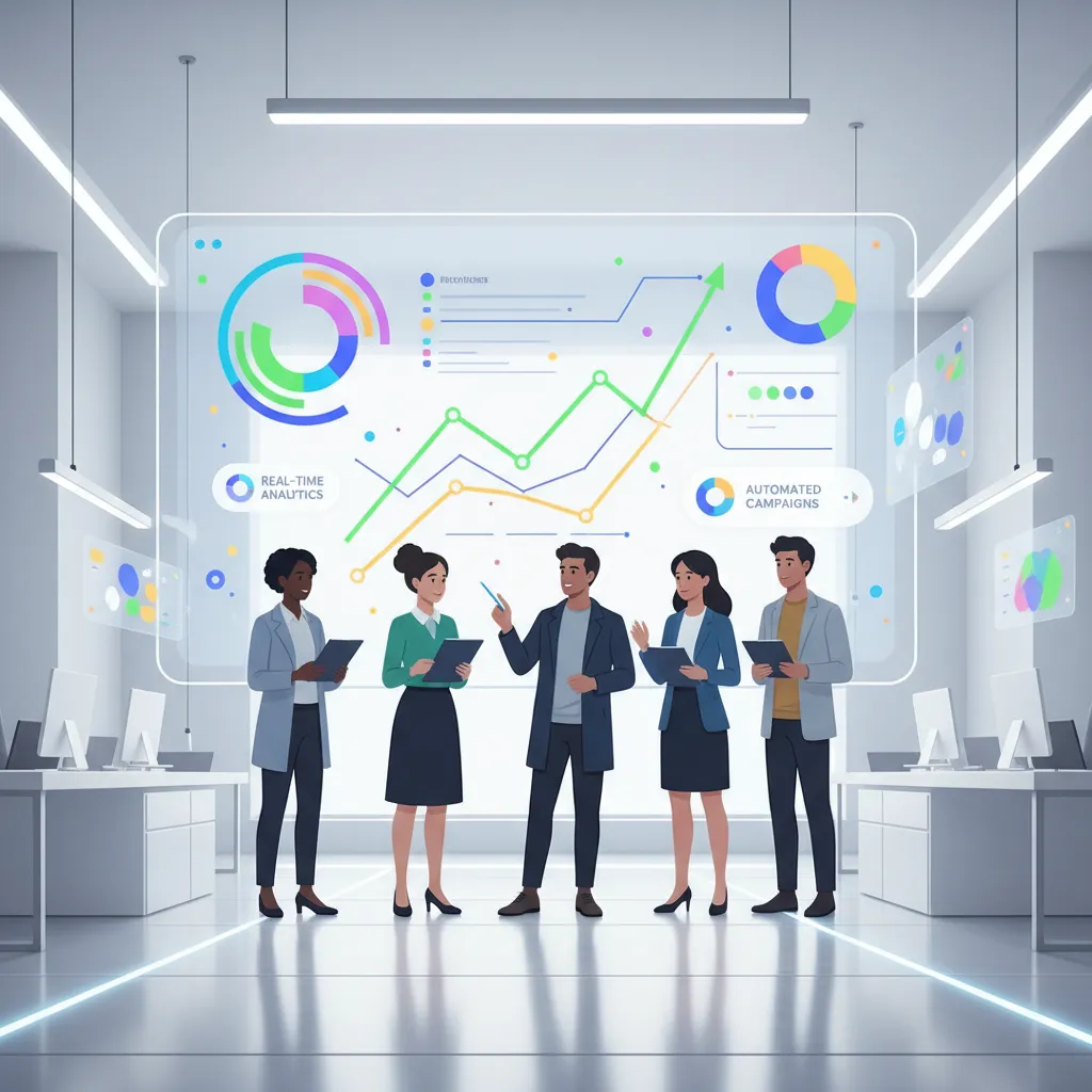 A vibrant AI dashboard interface displayed on a large screen, showing real-time marketing analytics and automated campaign suggestions. A diverse team collaborates, pointing at insights, in a sleek, tech-forward workspace. 1:1 aspect ratio.
